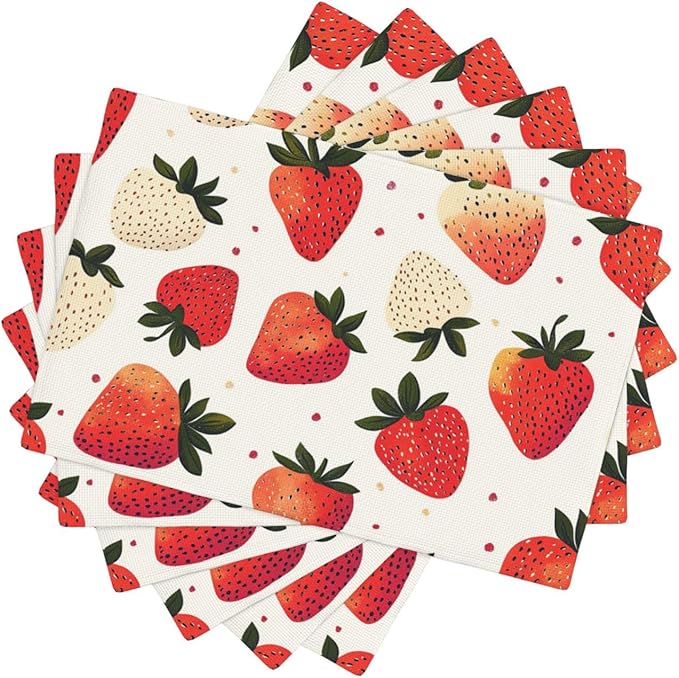 Sweet Strawberry Placemats Set of 6 Washable Table Mats Spring Summer Fruit Heat-Resistant Cotton Linen Place Mats for Dining Table Kitchen Indoor Outdoor Party Holiday Decor