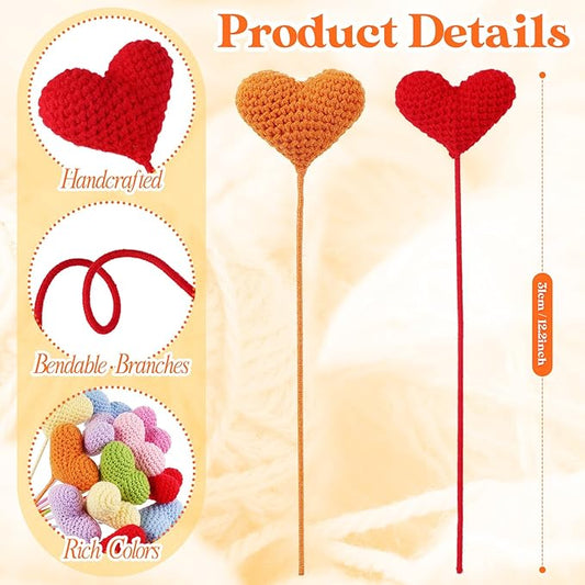 YoungJoy 12 Pcs Crochet Rose Handmade Knitted Flowers Tulip Sunflower Daisy Heart Artificial Knitted Floral Mother Day Graduation Home Decor(Colorful Heart)