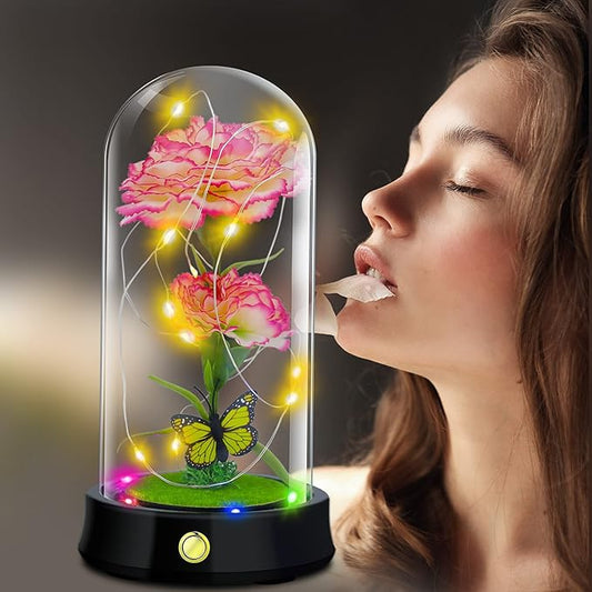 QUELIEN Christmas Carnation Flowers Gifts for Mom,Pink Artificial Carnation in Glass Dome with Led Light for Mother's Day,Birthday,Christmas