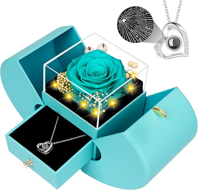 Preserved Navy Blue Real Rose with I Love You Necklace, Eternal Flowers Rose Birthday Gifts for Women Her Mom Wife Girlfriend Grandma Christmas on Valentines Mothers Day Anniversary Romantic-Navy Blue
