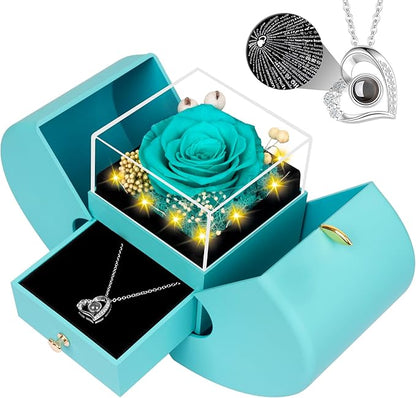 Preserved Navy Blue Real Rose with I Love You Necklace, Eternal Flowers Rose Birthday Gifts for Women Her Mom Wife Girlfriend Grandma Christmas on Valentines Mothers Day Anniversary Romantic-Navy Blue