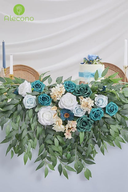 Alecono Artificial Flowers, Silk Flowers with Stems Wedding Flowers Combo Box Set for DIY, Bluish Green Wedding Cake Flowers for St. Patrick's Day Decorations