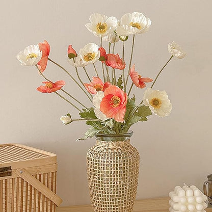 2 Pcs Artificial Fake Flowers Plants Poppies Silk Flower Arrangements Wedding Bouquets Decorations Plastic Floral Table Centerpieces for Home Kitchen Garden Party Decor Approx 23.6" High - Dark Coral