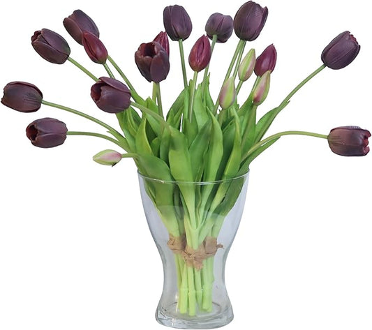 20pcs Artificial Tulip Flowers,16 Inch Real Touch Tulip Stems with Faux Leaves, Faux Tulips and Buds for Home Décor Centerpiece Ornament Wedding Bouquet,Midnight Purple