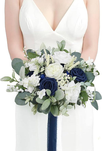 Rinlong 11.8" Wide Navy Blue Wedding Bouquets for Bride Blue White Bridal Bouquet for Wedding Artificial Flowers Bouquets