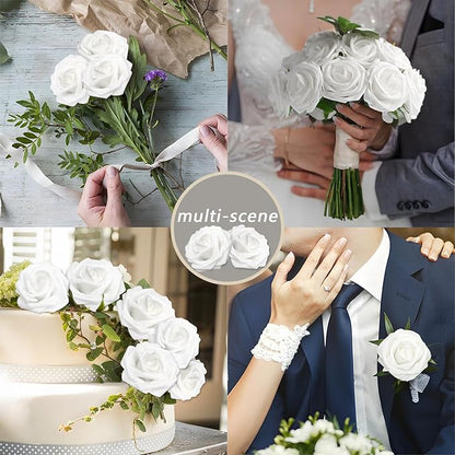 Artificial Flowers 50PCS White Roses Real Looking Foam Fake Roses with Leaves and for DIY Wedding Bouquets Bridal Shower Centerpieces Party Decorations (White)