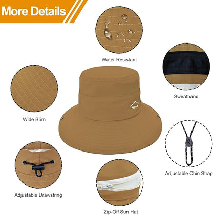 Sun Hats for Women Bucket Hat UV Protection Fishing Hat Wide Brim Safari Hats 2 in 1 Zip-Off Sun Visor Hats UPF 50+