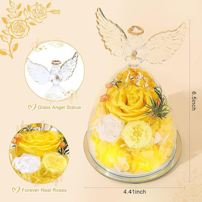 FIACO Gifts for Women Preserved Rose Forever Flower in Glass Angel Figurine Fresh Flowers for Delivery Mothers Day Birthday Gifts for Mom Grandma Wife Sister Yellow