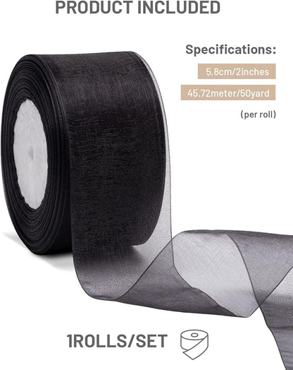 Black Organza Ribbon for Gift Wrapping, FAKILO 2 Inch Shimmer Sheer Wrapping Ribbon for Bouquet, Wedding, Christmas Gift - 50 Yards Each Roll