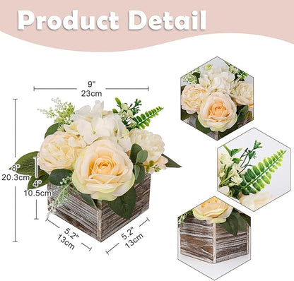 DILATATA Flower Arrangement with Wooden Vase 8" Artificial Flowers in Pot - Fake Flowers Roses Peonies Hydrangeas in Wooden Vase Potted Flower Centerpieces for Table Decor - Pale Yellow