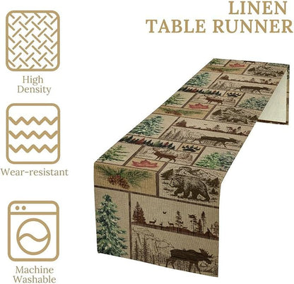 Rustic Cabin Table Runner, Farmhouse Deer Bear Retro Pine Forest Wooden Plank Wild Animal Seasonal Coffee Table Center Decor for Home Kitchen Dining Patio Holiday Party Table Decorations 13x72 inches