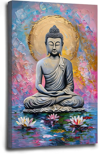Lotus and golden Buddha meditation tranquil zen wall art mindfulness wall art for spiritual harmony and tranquility decor 24x36in Wood Framed