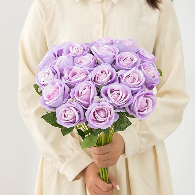 Hawesome Fake Roses Artificial Silk Flowers - 12 Pcs Purple Roses Artificial Faux Flowers with Stems for Home Wedding Centerpiece Hotel Office Decor