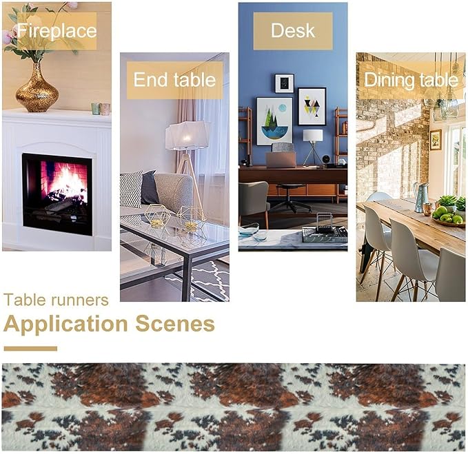 Cow Print Table Runner, Brown Cowhide Print Western Style Table Runner Country Farmhouse Cottage Cow Patten Table Decoration for Home Kitchen Dining, 13x36 in