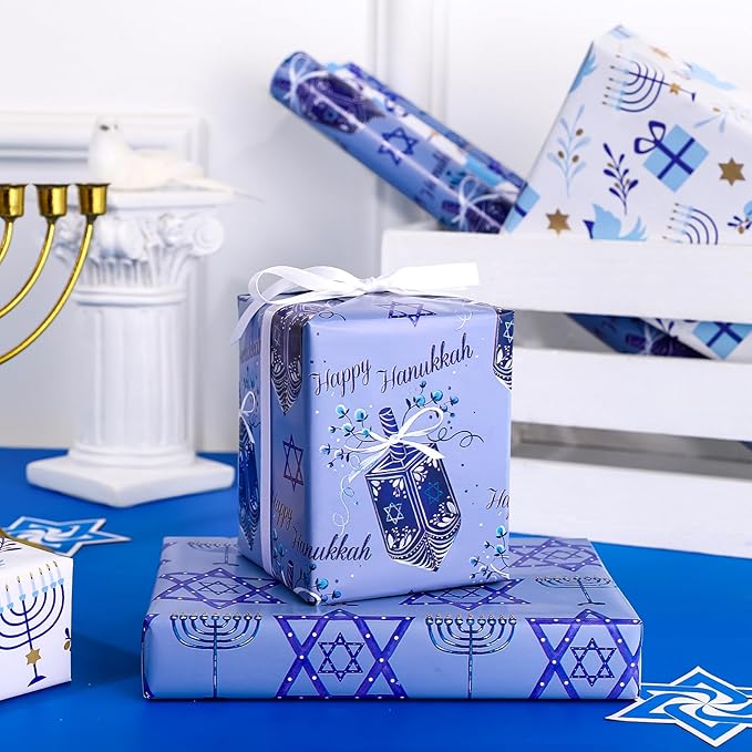 WRAPAHOLIC Hanukkah Wrapping Paper Roll - Mini Roll - 3 Rolls - 17 Inch x 120 Inch Per Roll - Menorah Lights, the Star of David and Dreidels Design