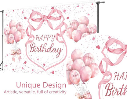 Pink Coquette Birthday Backdrop Decorations Pink Bows and Glitter Balloons Theme Background for Girls Women, Romantic Party Photo Banner for Bachelorette Birthday Decor 7x5ft