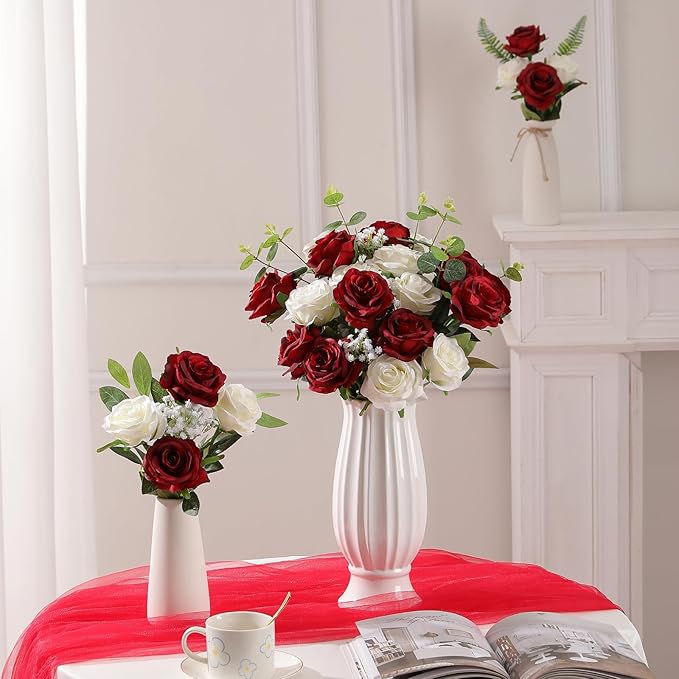Nubry 24pcs Artificial Silk Roses Bulk,Fake Roses Flower with Stems Realistic Flowers for Wedding Centerpiece Home Party Decor(White)
