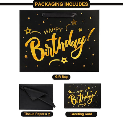 ASYEHJNR 13" Large Size Black Gold Birthday Gift Bag Twinkle Star with Metallic Gold Happy Birthday Sign Gift Bag with Greeting Card and Tissue Paper for Girls Boy Women Men Bday Supplies