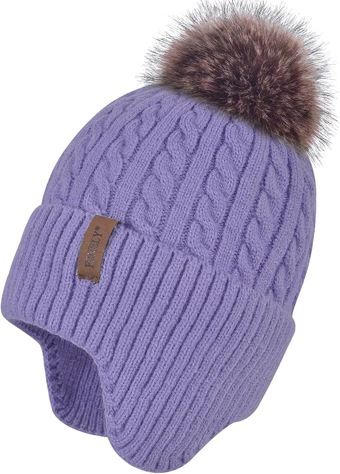 FENELY Women's Knitted Warm Beanie Winter Hat, Warm Chunky Snow Hat with Pompom
