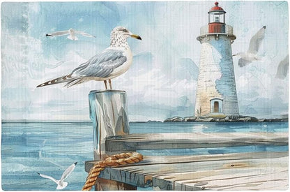 Lighthouse Seagull Placemats Set of 6 Washable Table Mats Ocean Nautical Coastal Heat-Resistant Cotton Linen Place Mats for Dining Table Kitchen Indoor Outdoor Party Holiday Decor