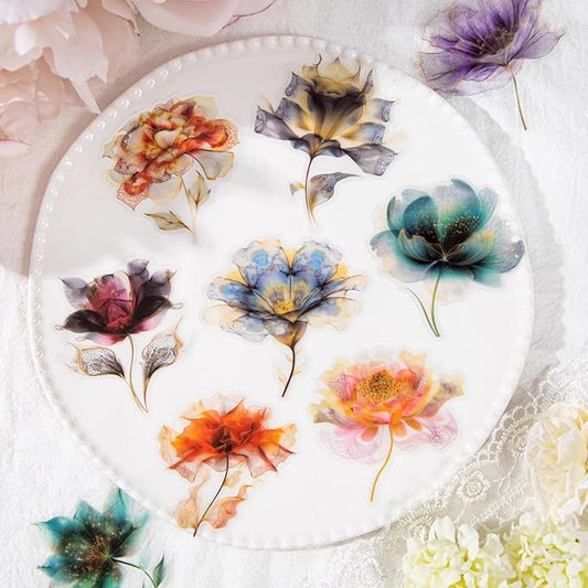 90pcs Watercolor Floral Scrapbook Stickers Set, Transparent PET Vintage Flower Stickers Decals with Smudge Effect for Journaling, Planners, Card Making, DIY Crafts and Scrapbooking
