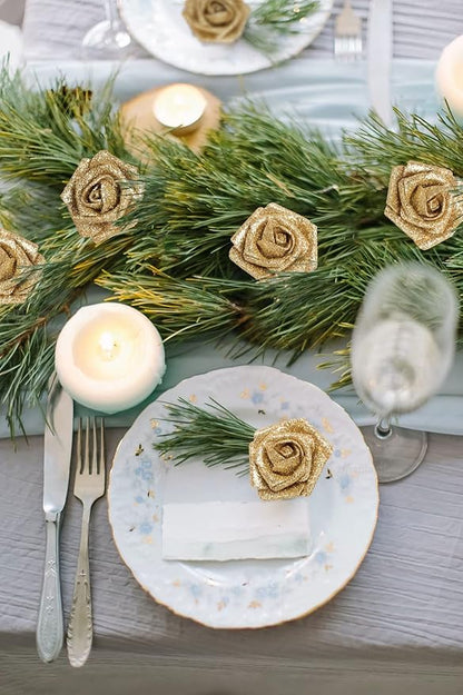 30 PCS Gold Artificial Flowers Glitter Roses Artificial Roses 2.17 in Foam Fake Flowers with Stem for Wedding Home Party DIY Bridal Bouquet Centerpieces Decor(Gold)