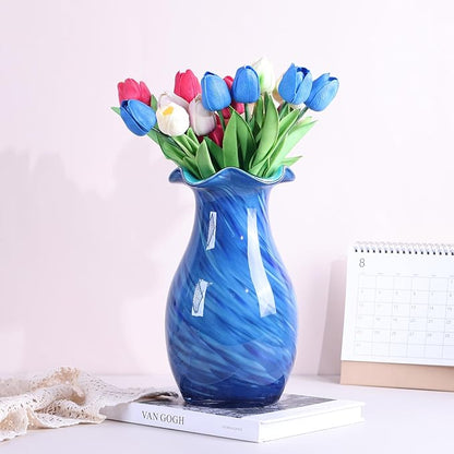 10.6in Hand Blown Blue Glass Vase – Wide Mouth Murano Bubble Art Glass Vase, Cobalt Blue Flower Vase for Coastal, Vintage, Colorful Home Decor, Vase Gift for Mom or Display (Blue)