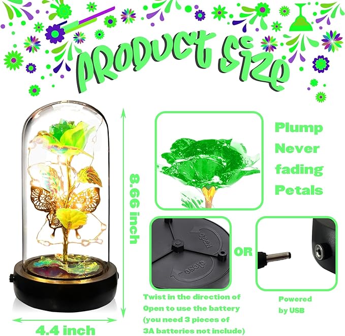 Birthday Rose Flower Gifts for Women, Glass Flower Gift for Mom from Daughter Son, Colorful Green Light Up Rose in Glass Dome with Music Box for Her Wife Grandma