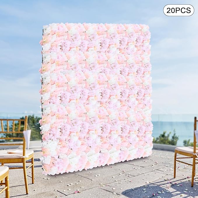 20PCS Artificial Flower Panels, Pink Silk Wedding Flower Panels Banquet Flowers Board, Flower Backdrop Wall for Photo Party Wedding Background Decor