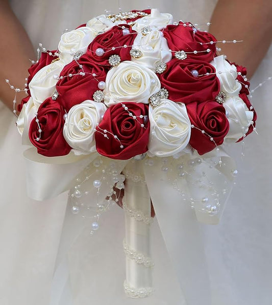 Bridal Wedding Bouquet Round Bling Brooch Bouquet Throw Toss Artificial Rose Flower Bunch for Bride Bridesmaid Wedding Quinceanera(Ruby Red & Ivory, 7.5")