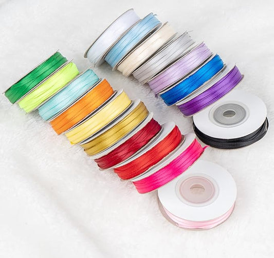 ABSOFINE 18 Colors Double Faced Satin Ribbon Polyester,1/8 inch Solid Fabric Ribbon Roll for Gift Wrapping, DIY Crafts, Wedding Birthday Party Decorations