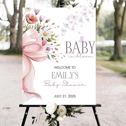 Personalized Pink Bow Baby Shower Welcome Sign, Custom Minimalist Bow Baby Girl Party Sign, Baby's Shower Gifts, Birthday Gifts, Gender Reveal Decorations, Newborn Announcement Party Supplies - 09