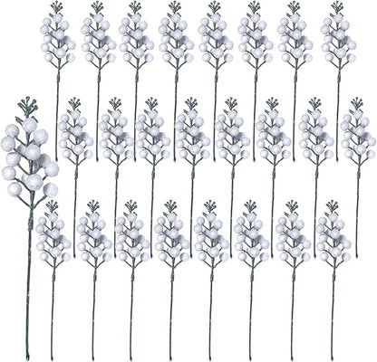 24Pack Christmas Picks Glitter Berries Stems Artificial White Berry Branches Holly Picks Stems Christmas Tree Ornaments for DIY Xmas Wreath Crafts Gifts Holiday Home Decor (White)