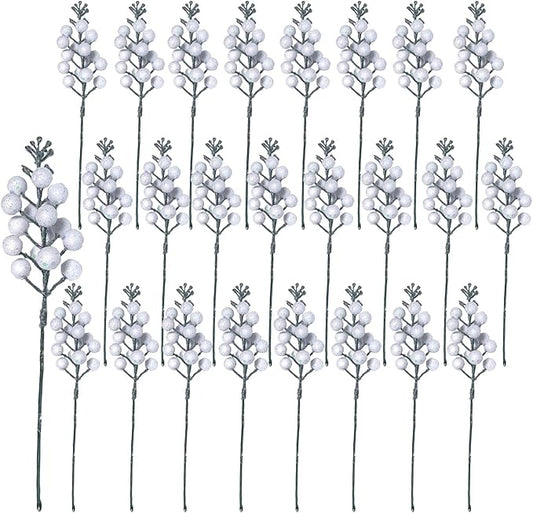 24Pack Christmas Picks Glitter Berries Stems Artificial White Berry Branches Holly Picks Stems Christmas Tree Ornaments for DIY Xmas Wreath Crafts Gifts Holiday Home Decor (White)