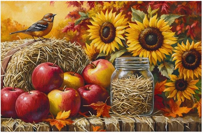 Autumn Apple Flower Sunflower Placemats Set of 6 PVC Vinyl Non Slip Table Mats Heat Resistant Place Mats Washable Wipeable Dining Table Mat for Kitchen Decor Party Indoor Outdoor Decorative Gift