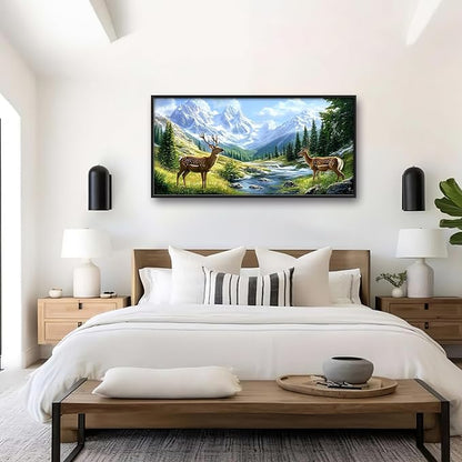 Mountain Forests Deer Large Wall Art Framed Farmhouse Wall Decor for Living Room Rustic Elk Pictures Oversized Canvas Print Painting Modern Extra Large Framed Artwork for Bedroom Office 60"x30"