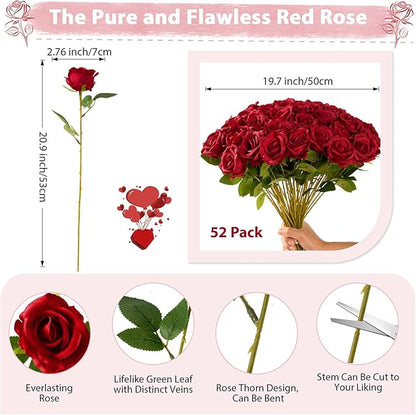 Red Roses Artificial Flowers Bulk, 52Pcs Fake Roses Flower Arrangement, DIY Silk Flowers Roses Bouquet, Realistic Faux Artificial Roses for Mother's Day Home Table Decor