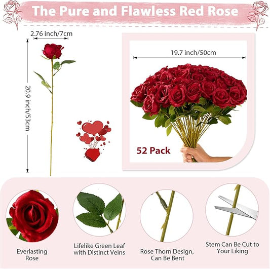 Red Roses Artificial Flowers Bulk, 52Pcs Fake Roses Flower Arrangement, DIY Silk Flowers Roses Bouquet, Realistic Faux Artificial Roses for Mother's Day Home Table Decor