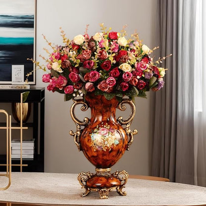 European Golden Resin Vintage Vase Set with Artificial Flowers, Retro Fake Floral Arrangement for Wedding Party Home Table Decor Centerpiece