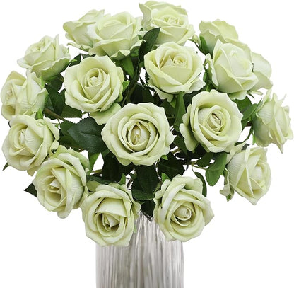 Hawesome Fake Roses Artificial Silk Flowers - 12 Pcs Green Roses Artificial Faux Flowers with Stems for Home Wedding Centerpiece Hotel Office Decor