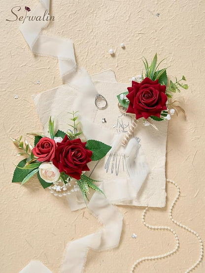 Serwalin Red Rose Corsage and Boutonniere Set, Boutonniere for Men and Wrist Corsage Wristlet Prom Homecoming Wedding Flowers Accessories Party Suit Decorations (red)