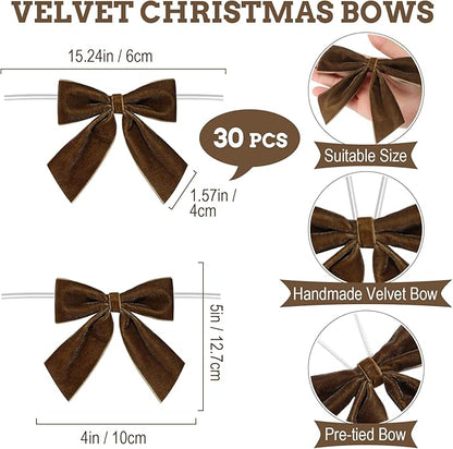 30 Pcs Velvet Ribbon Bows 5" x 4" Pre Tied Christmas Velvet Bows with Twist Tie for Gift Packaging Christmas Tree Wreaths Door Windows Wedding Party Decoration(Forest Color)