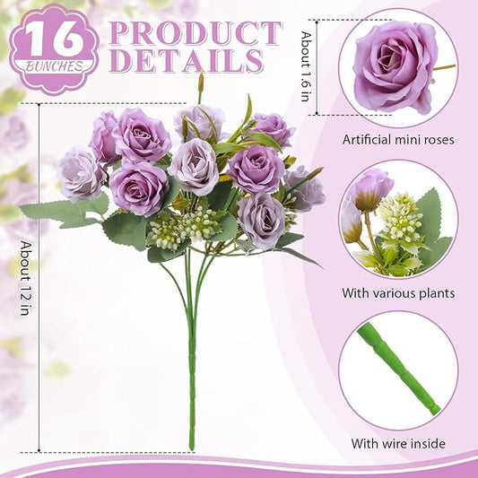 Zeyune 16 Bunches 12 Inch Artificial Mini Rose Bouquet 160 Heads Bridal Flower Bouquets Fake Silk Rose Bulk for Wedding Bridal Shower Christmas Home Office Garden Decoration(Purple and Light Purple)