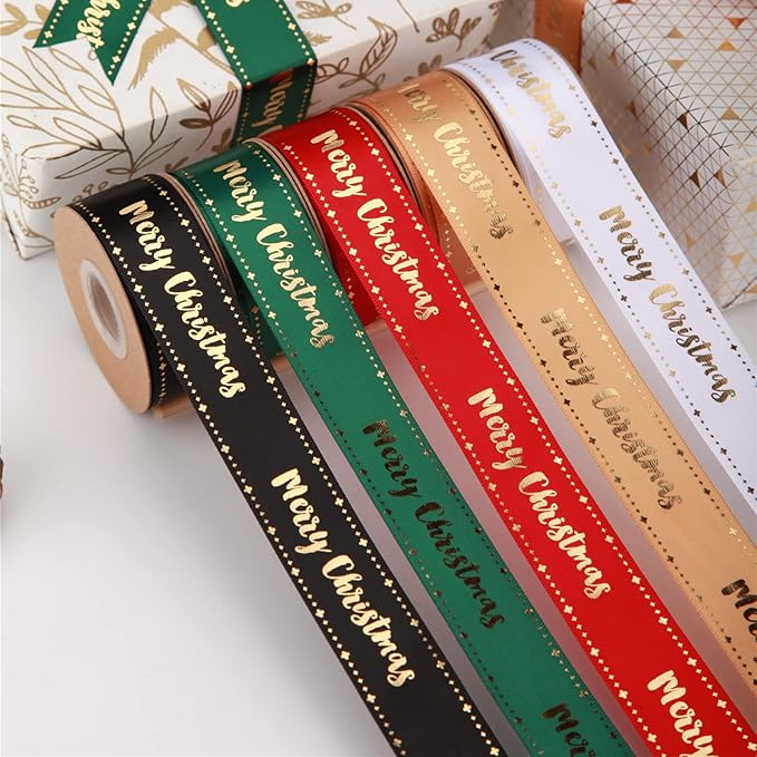 Merry Christmas Ribbon 10 Yards 1Inch Wide Black Satin Ribbons with Gold Printed Gift Ribbon for Craft Packing, Gift Wrapping, DIY Craft, Christmas Party Supplies