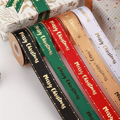 Merry Christmas Ribbon 10 Yards 1Inch Wide Black Satin Ribbons with Gold Printed Gift Ribbon for Craft Packing, Gift Wrapping, DIY Craft, Christmas Party Supplies