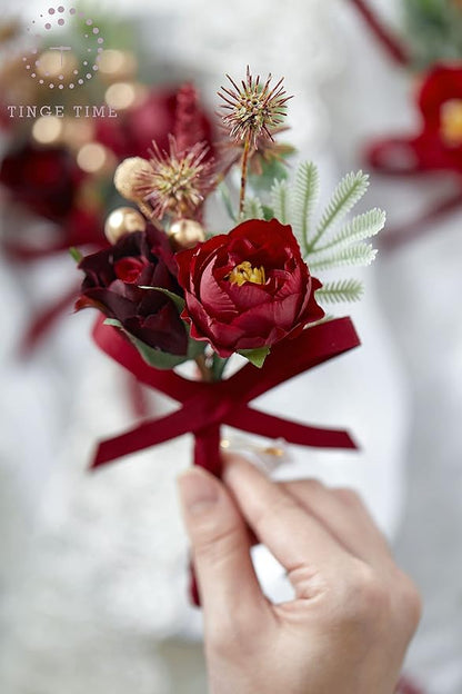 TINGE TIME Boutonniere for Men Wedding,Groom and Best Man Boutonniere for Wedding Ceremony Anniversary, Formal Dinner Party and Rustic Spring Wedding Marriage (10, Deep Red)