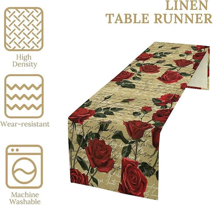 Red Rose Print Table Runner, Vintage Rose Spring Summer Seasonal Romantic Valentines Dinner Runner Table Decoration for Home Kitchen Dining Holiday Wedding Party 13x60in