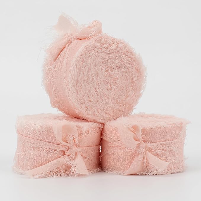 MEEDEE Blush Chiffon Ribbon 1 Inch Fringe Ribbon Pink Chiffon Silk Frayed Edge Ribbons Thin Chiffon Ribbons for Crafts, Gift Wrapping, Wedding Invitation (3 Rolls 21 Yards)