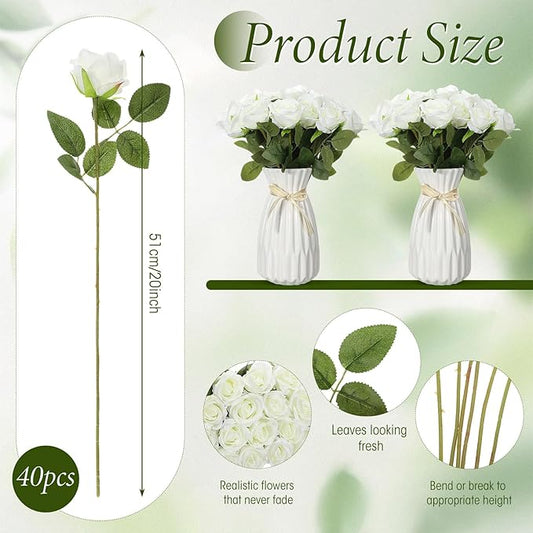 Hotop 40 Pcs Rose Artificial Flowers Bulk with Long Stem,Realistic Silk Fake Roses Bouquet for Home Wedding Centerpieces Party Table Decoration Valentines Gifts(White)