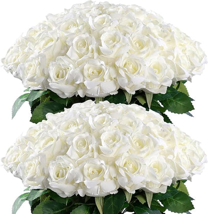 YXZZWL 60 Pcs Artificial Roses in Bulk, Fake Silk Roses Realistic Roses Stem Faux Roses Bouquet for Wedding Centerpieces Flower Arrangement Home Decor (White)